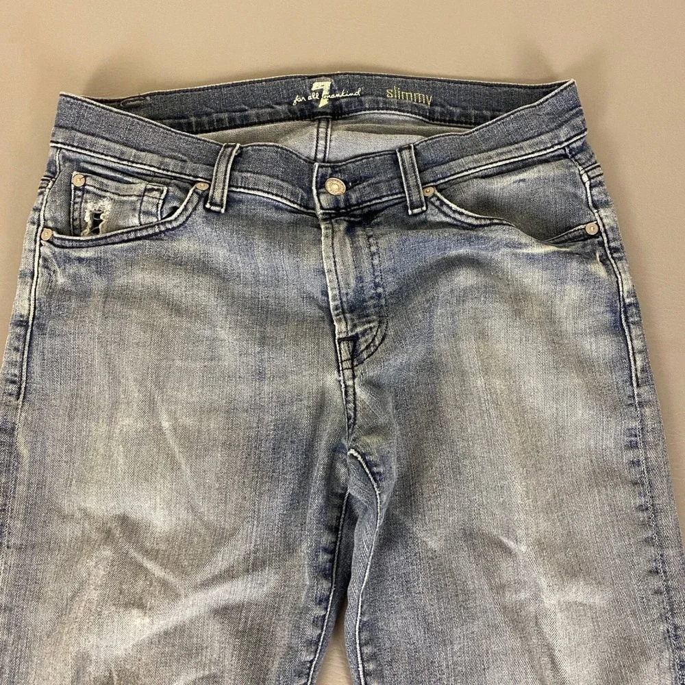 7 For All Mankind Slimmy Jeans Mens Size 33x34 Blue Distressed Denim Light‎ Wash